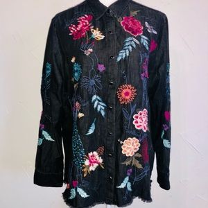 Johnny Was Workshop 3J black denim pearl snap shirt